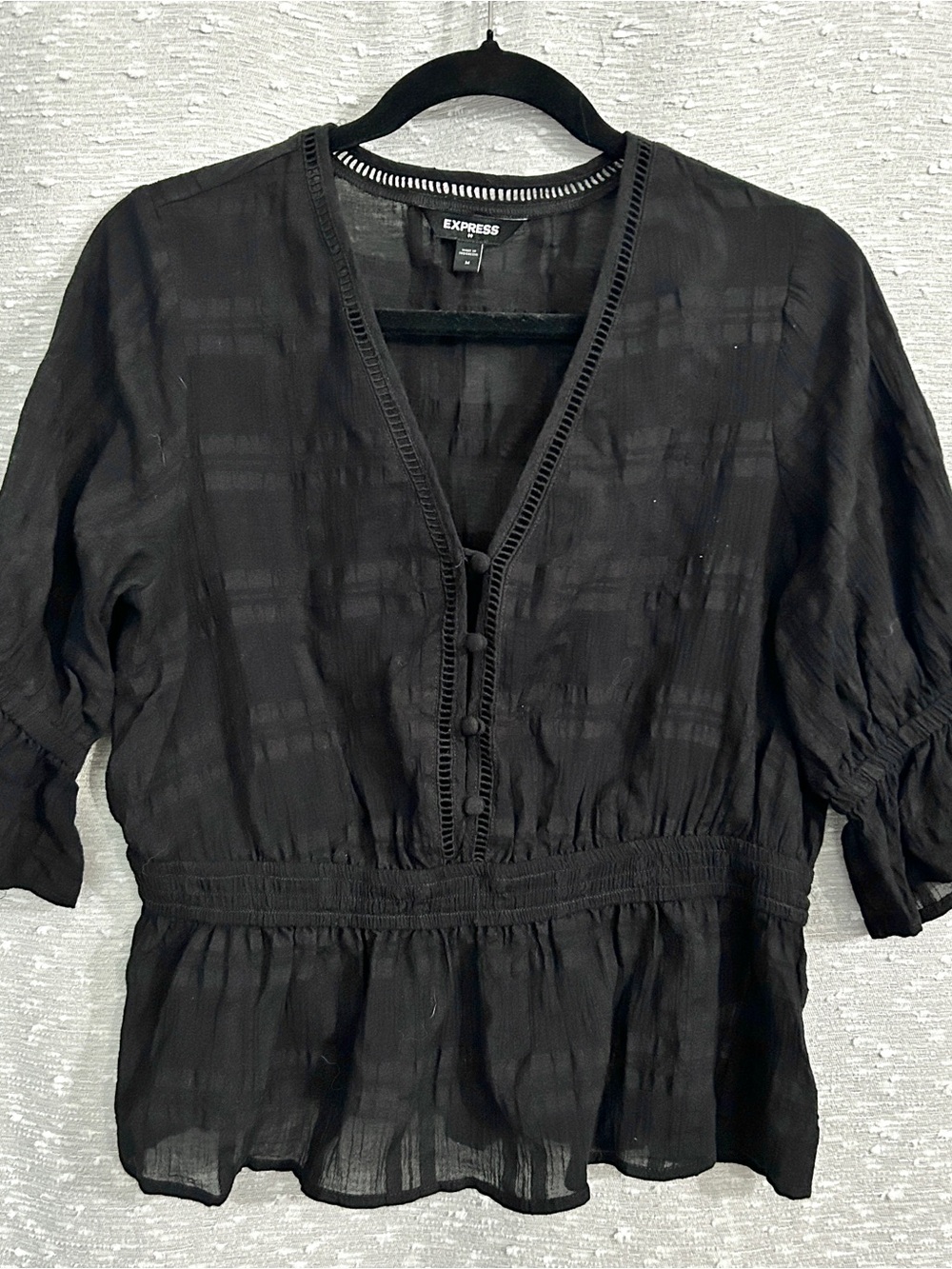 Express Black Textured V‑Neck Peplum Blouse